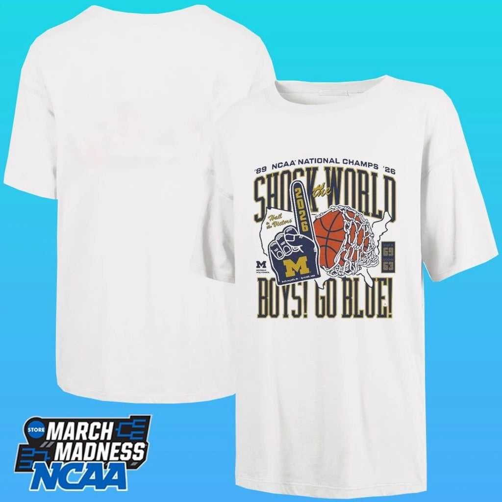Michigan Wolverines Men’s Basketball Shock The World Boys Go Blue Two-Time Ncaa National Champs 1989-2026 Shirt