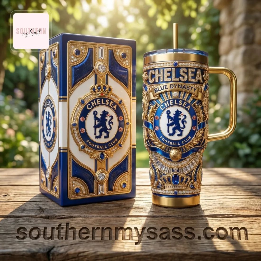 Chelsea Football Club Luxury Gold Diamond 40oz Insulated Tumbler With Handle
