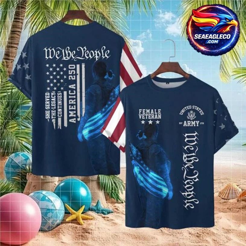 Female Veteran US Army 250 Year Legacy Patriotic Navy Blue Two Sided Shirt