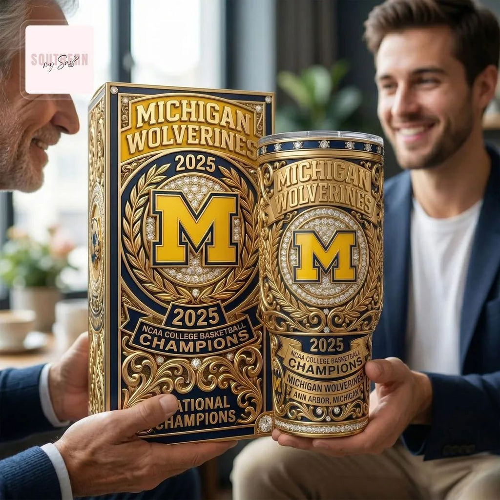 Michigan Wolverines 2025 NCAA College Basketball Champions Gold Tumbler