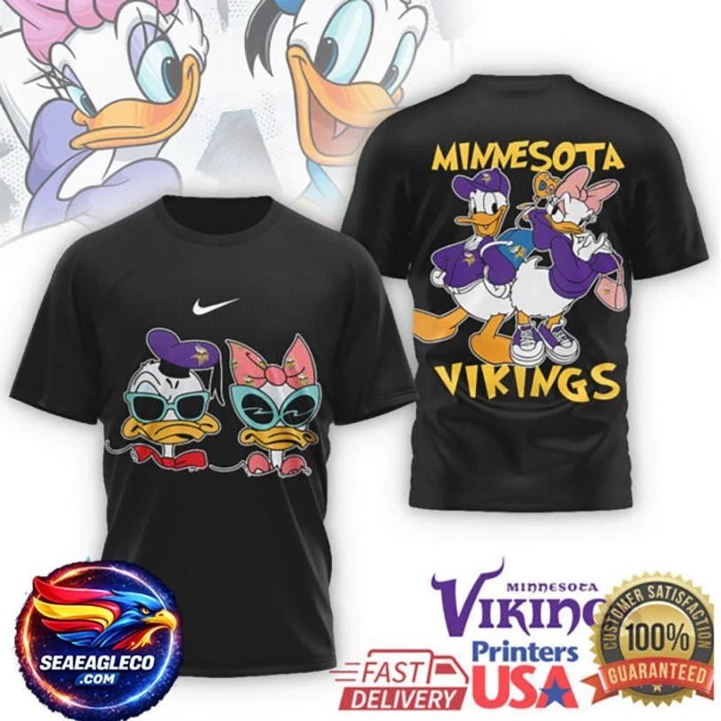 Minnesota Vikings Donald & Daisy Duck Cartoon T Shirt Purple & Gold Two Sided Shirt