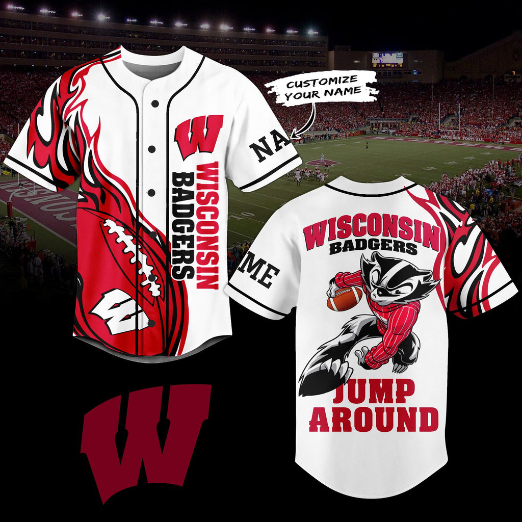 Wisconsin Badgers Football Jump Around Sport Baseball Jersey
